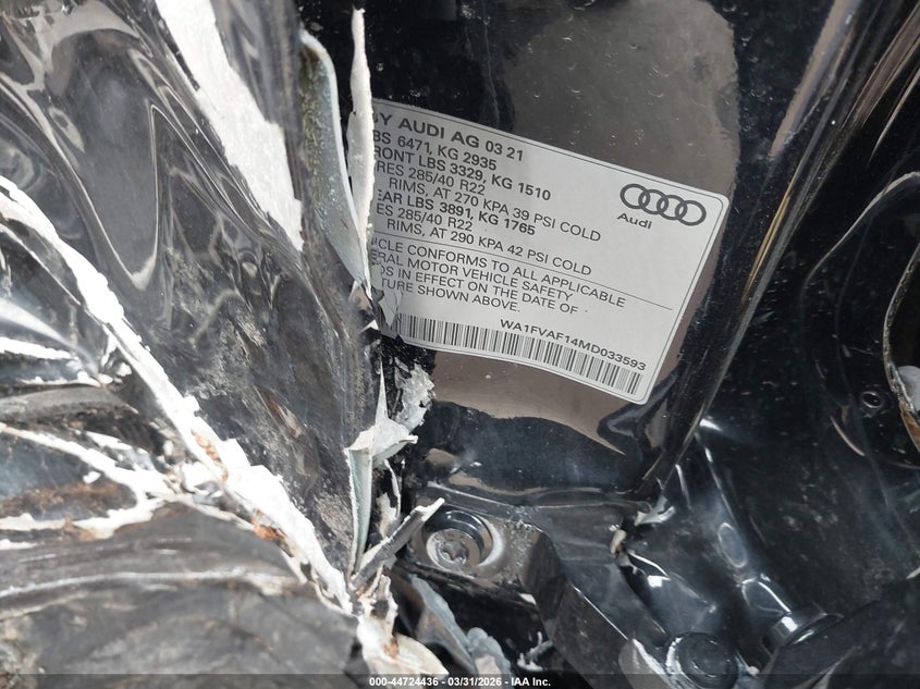 2021 Audi Q8 Prestige 55 Tfsi Quattro Tiptronic VIN: WA1FVAF14MD033593 Lot: 44724436