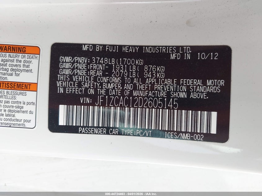 2013 Subaru Brz Limited VIN: JF1ZCAC12D2605145 Lot: 44724463