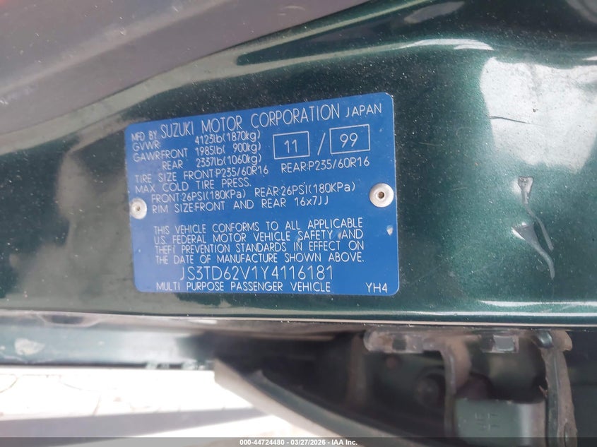 2000 Suzuki Grand Vitara Jlx/Jlx+/Limited VIN: JS3TD62V1Y4116181 Lot: 44724480