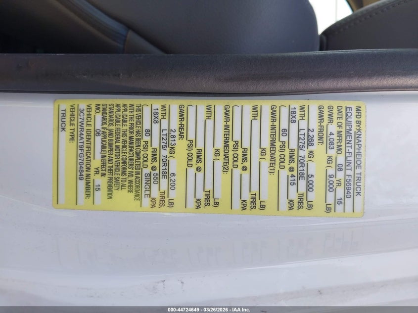 2015 Ram 2500 Tradesman VIN: 3C7WR4AT9FG704849 Lot: 44724649