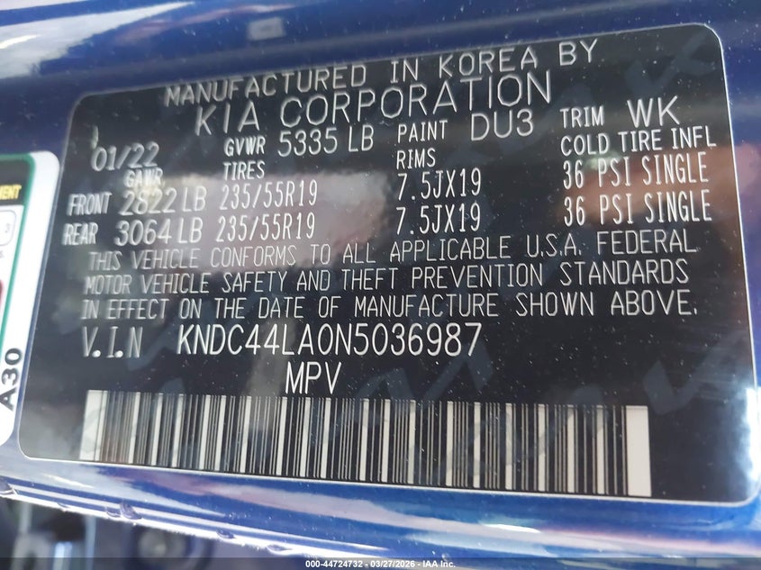 2022 Kia Ev6 Gt-Line VIN: KNDC44LA0N5036987 Lot: 44724732