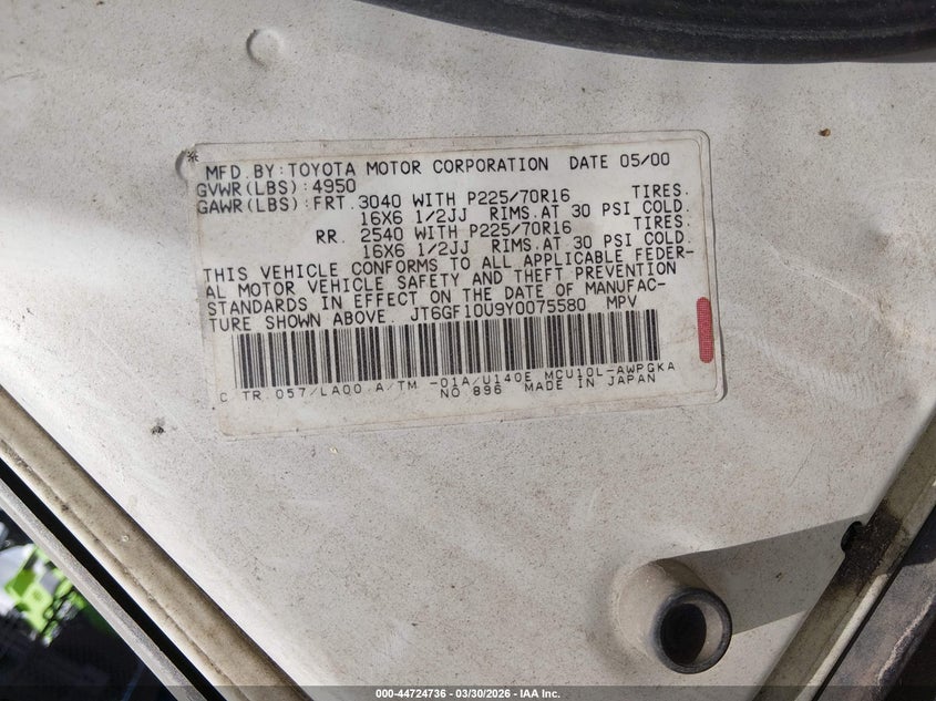 2000 Lexus Rx 300 VIN: JT6GF10U9Y0075580 Lot: 44724736