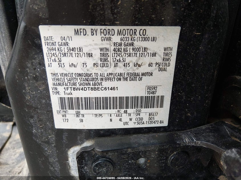 2011 Ford F-450 Lariat VIN: 1FT8W4DT8BEC61461 Lot: 44724895