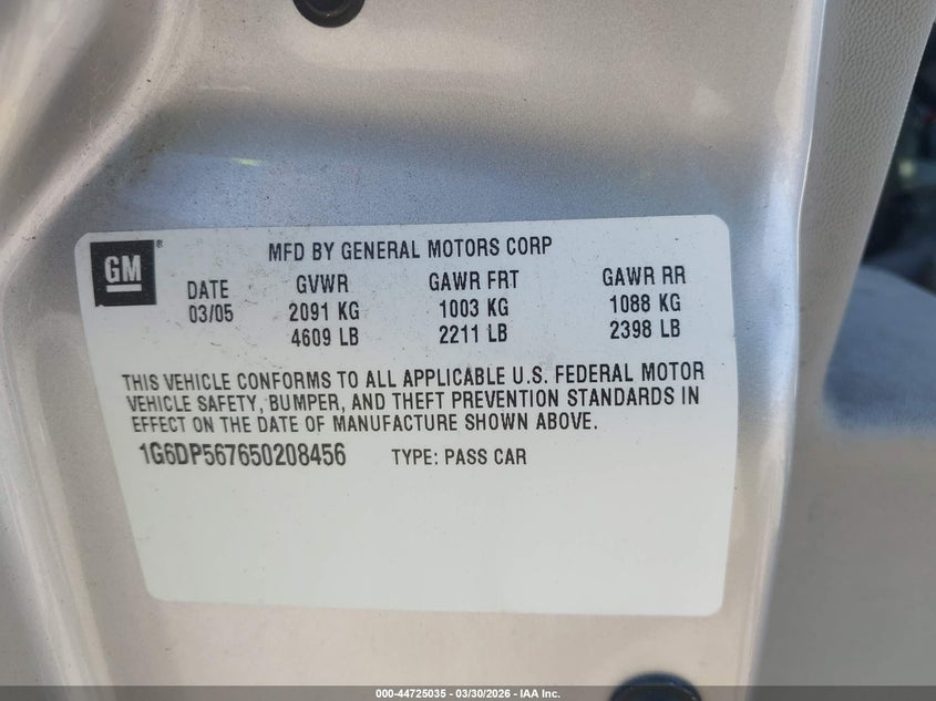 2005 Cadillac Cts Standard VIN: 1G6DP567650208456 Lot: 44725035