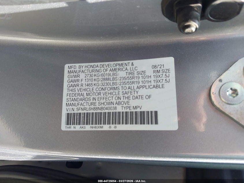 2022 Honda Odyssey Touring VIN: 5FNRL6H88NB040038 Lot: 44725054