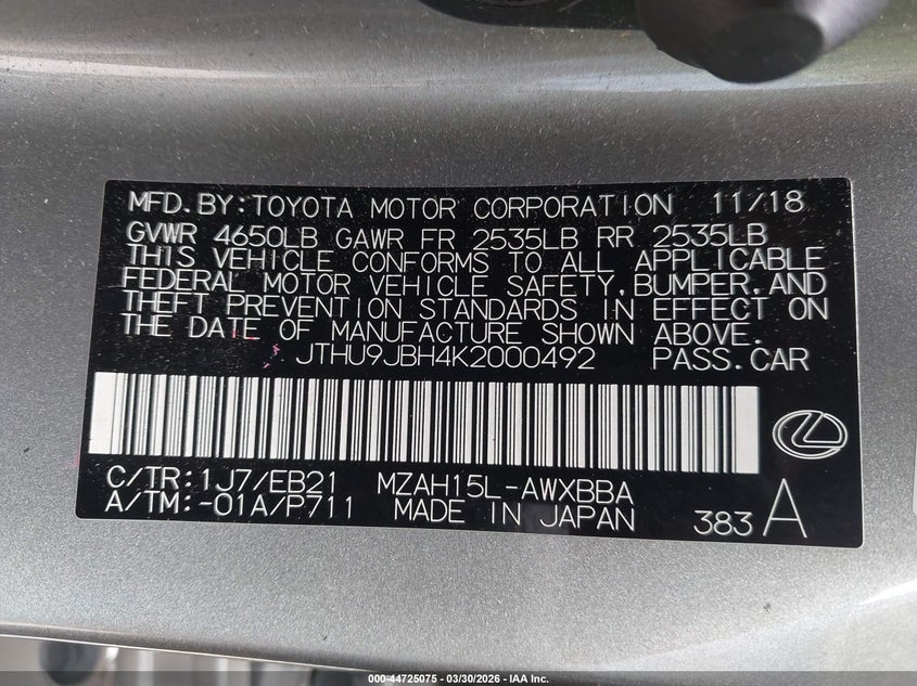 2019 Lexus Ux 250H F Sport VIN: JTHU9JBH4K2000492 Lot: 44725075