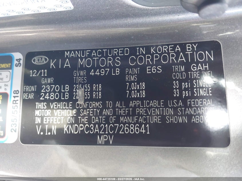 2012 Kia Sportage 2.4 Ex silver Lot 111044725109 Vin KNDPC3A21C7268641