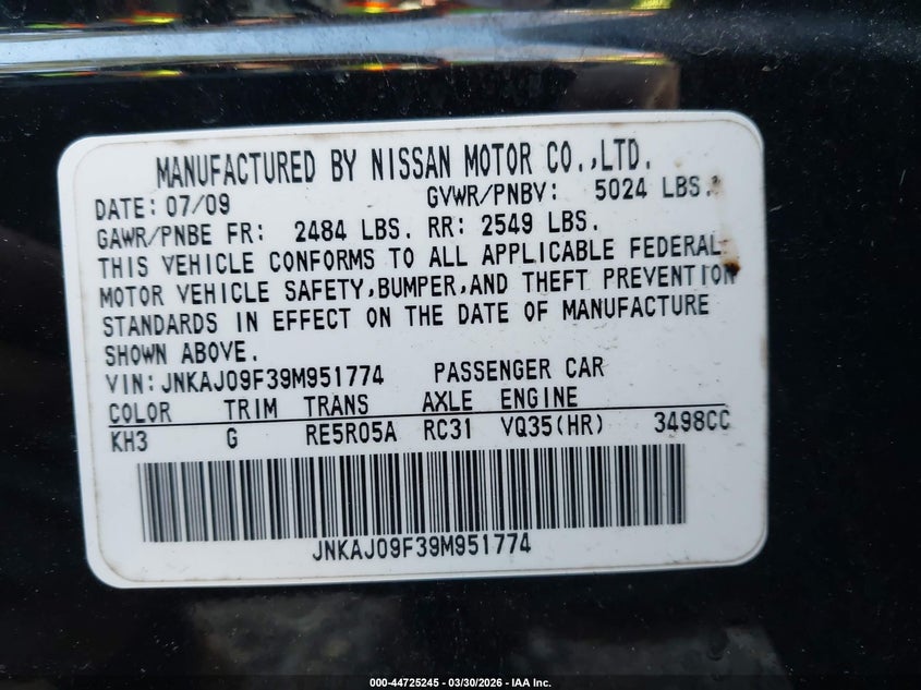 2009 Infiniti Ex35 VIN: JNKAJ09F39M951774 Lot: 44725245