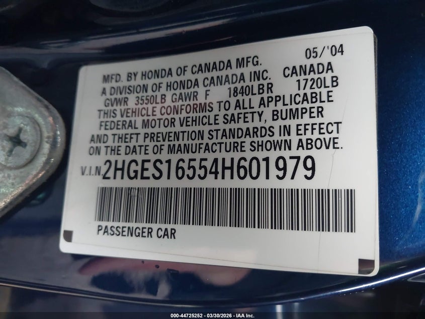 2004 HONDA CIVIC SEDAN 1.7L I-4 115HP