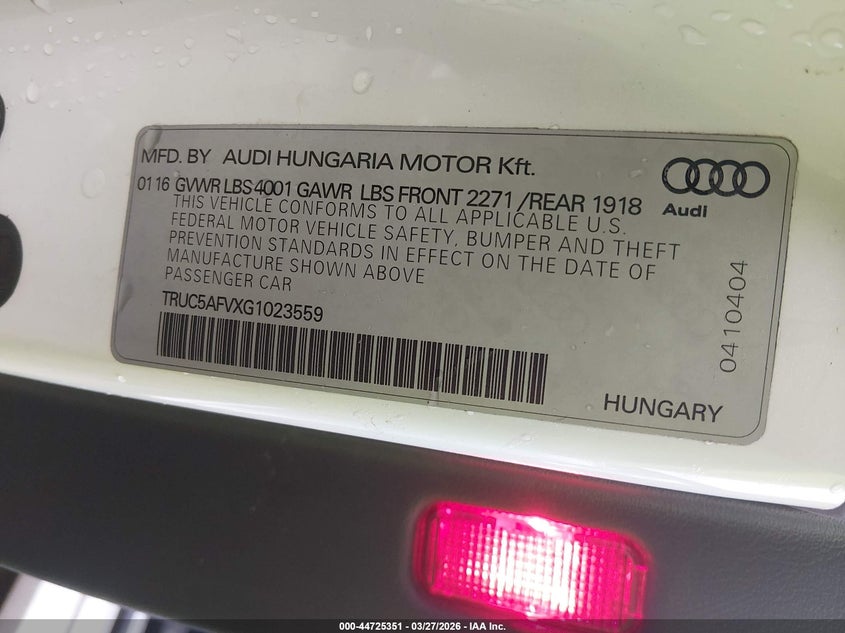 2016 Audi Tt 2.0T VIN: TRUC5AFVXG1023559 Lot: 44725351