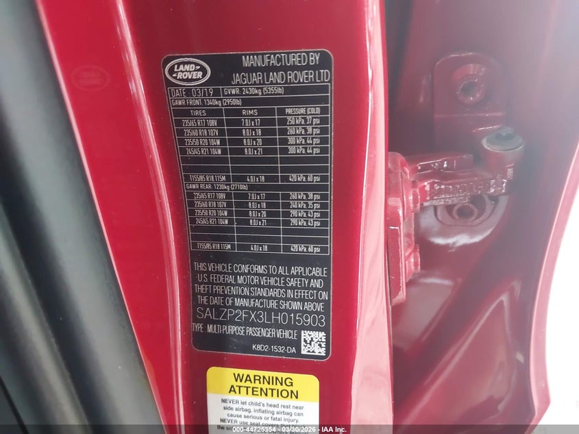 2020 Land Rover Range Rover Evoque Se VIN: SALZP2FX3LH015903 Lot: 44725354