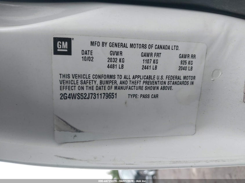 2003 Buick Century Custom VIN: 2G4WS52J731179651 Lot: 44725375