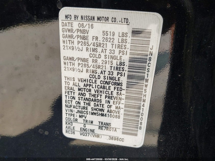 2017 Infiniti Qx70 VIN: JN8CS1MW5HM410068 Lot: 44725558