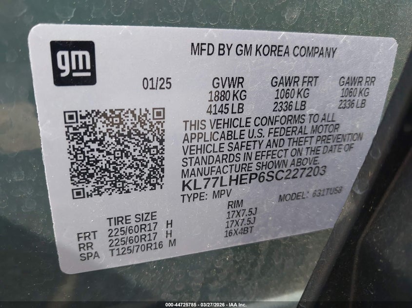 VIN KL77LHEP6SC227203 2025 CHEVROLET TRAX FWD LT