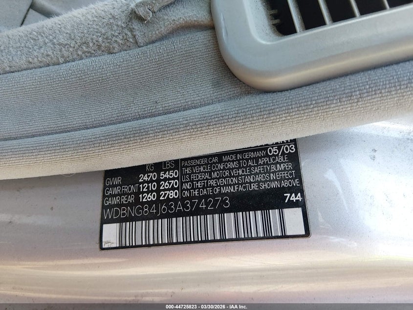 2003 Mercedes-Benz S 500 VIN: WDBNG84J63A374273 Lot: 44725823