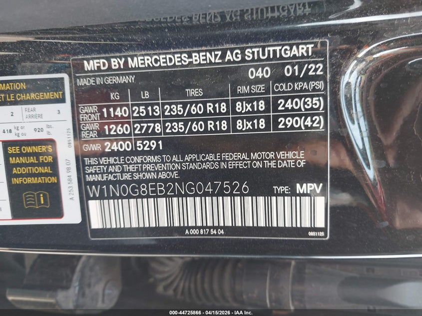 2022 Mercedes-Benz Glc 300 4Matic Suv VIN: W1N0G8EB2NG047526 Lot: 44725866