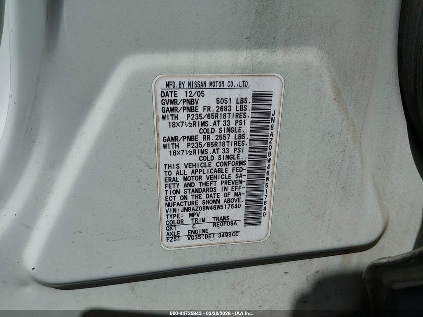 2006 Nissan Murano S VIN: JN8AZ08W46W517640 Lot: 44725943