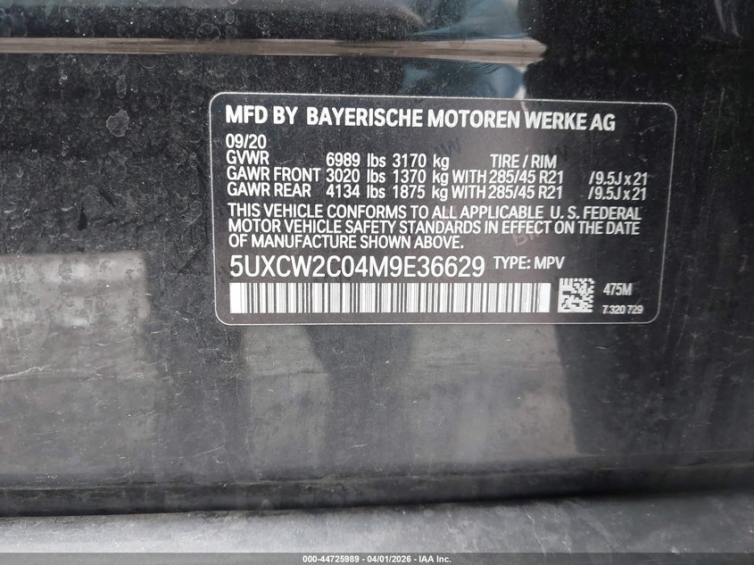 2021 BMW X7 xDrive40I VIN: 5UXCW2C04M9E36629 Lot: 44725989