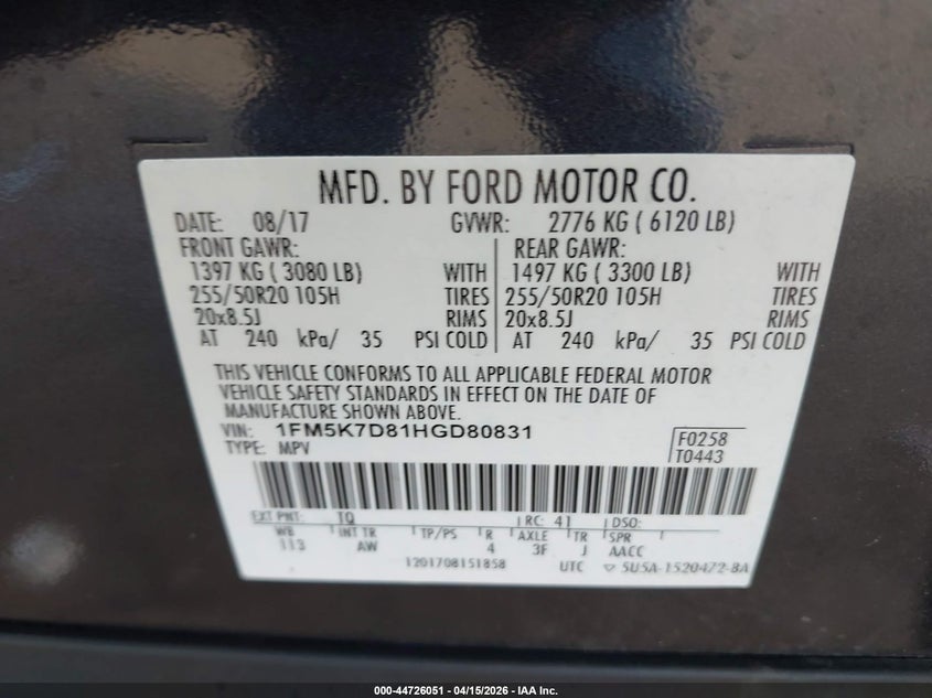 2017 Ford Explorer Xlt VIN: 1FM5K7D81HGD80831 Lot: 44726051