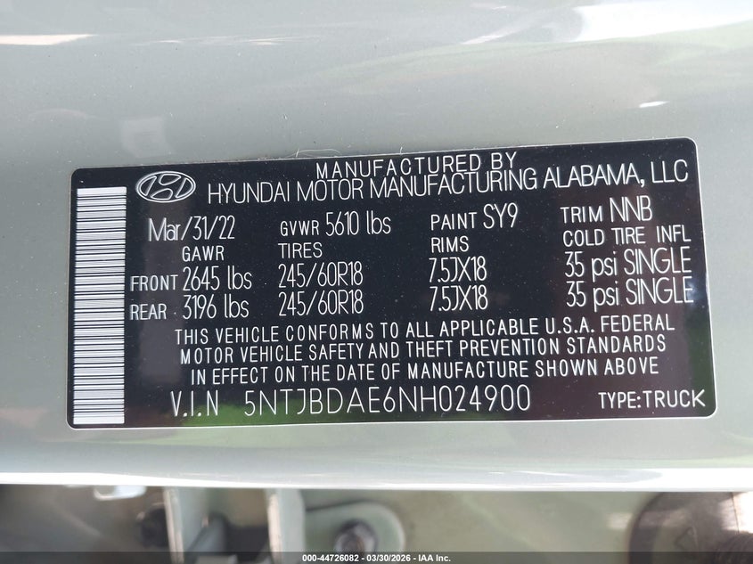 2022 Hyundai Santa Cruz Sel VIN: 5NTJBDAE6NH024900 Lot: 44726082