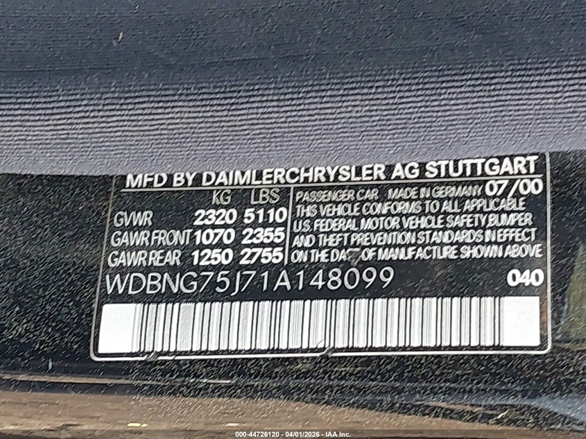 2001 Mercedes-Benz S 500 VIN: WDBNG75J71A148099 Lot: 44726120