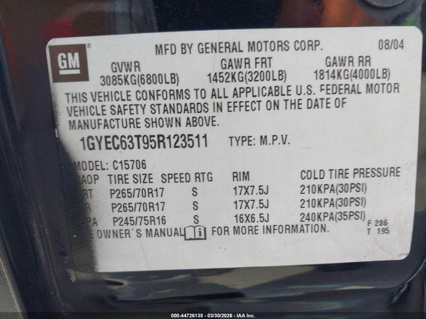2005 Cadillac Escalade Standard VIN: 1GYEC63T95R123511 Lot: 44726138