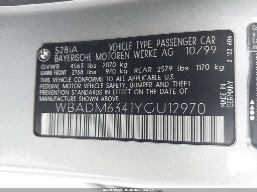 2000 BMW 528Ia VIN: WBADM6341YGU12970 Lot: 44726324