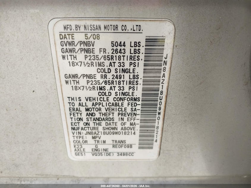 2009 Nissan Murano Sl VIN: JN8AZ18U09W018214 Lot: 44726360