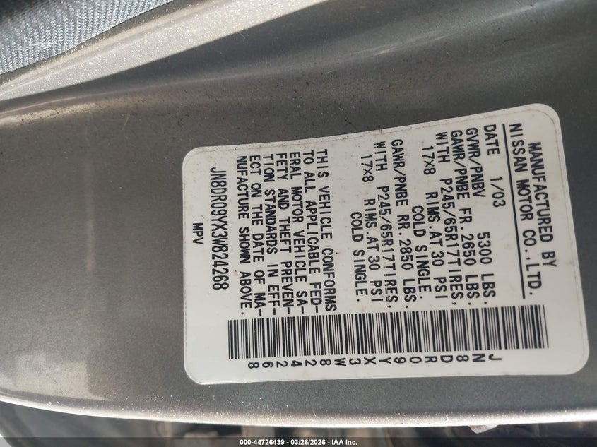 2003 Nissan Pathfinder Le VIN: JN8DR09YX3W824268 Lot: 44726439