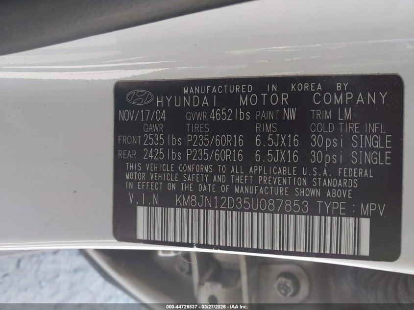 2005 Hyundai Tucson Gls/Lx VIN: KM8JN12D35U087853 Lot: 44726537