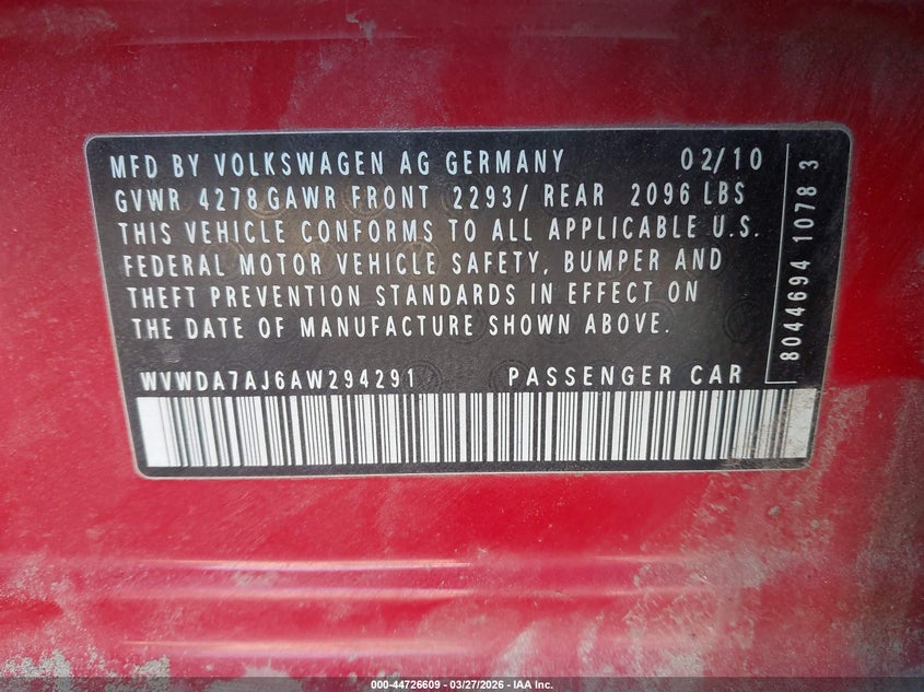 2010 Volkswagen Golf 4-Door VIN: WVWDA7AJ6AW294291 Lot: 44726609