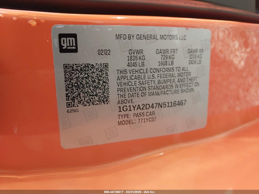 2022 Chevrolet Corvette Stingray Rwd 1Lt VIN: 1G1YA2D47N5116467 Lot: 44726617