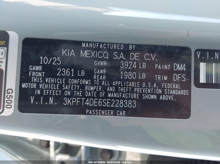 2025 KIA K4 2.0L I-4 DOHC, VVT, (VIN: 3KPFT4DE6SE228383