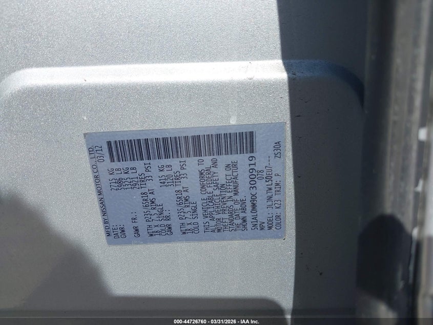 2013 Infiniti Jx35 VIN: 5N1AL0MM9DC300919 Lot: 44726760