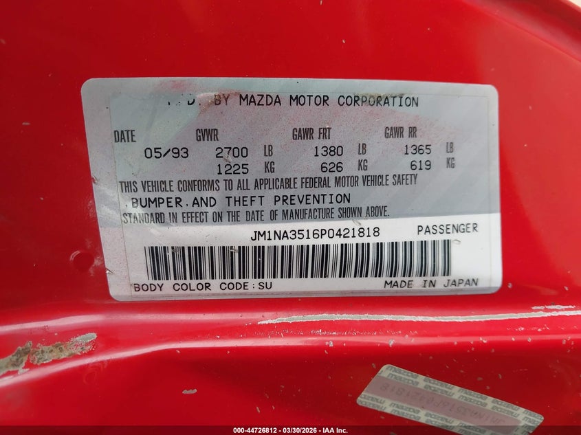 1993 Mazda Mx-5 Miata VIN: JM1NA3516P0421818 Lot: 44726812