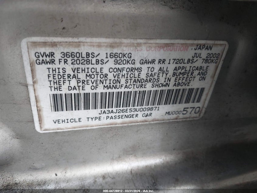 2003 Mitsubishi Lancer Es VIN: JA3AJ26E53U009871 Lot: 44726912