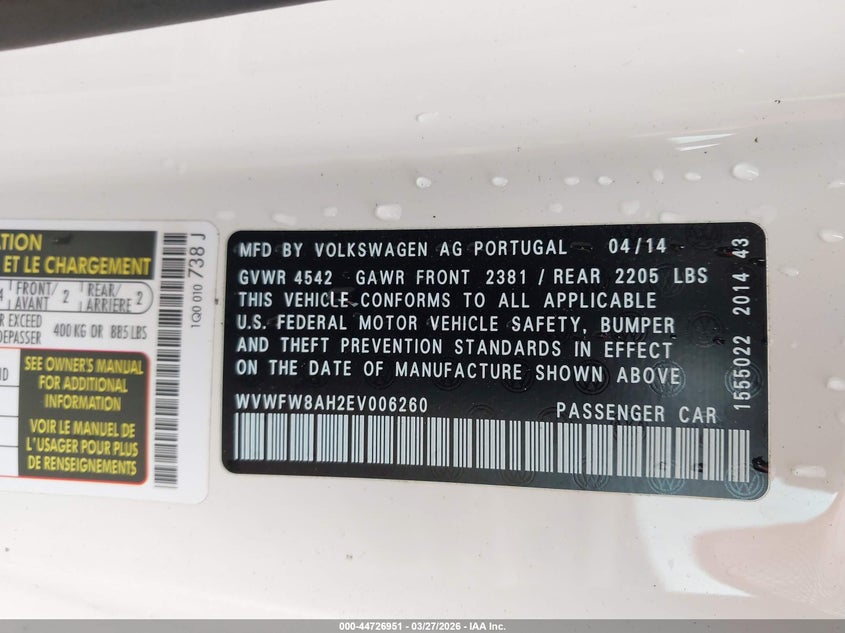 2014 Volkswagen Eos Executive VIN: WVWFW8AH2EV006260 Lot: 44726951