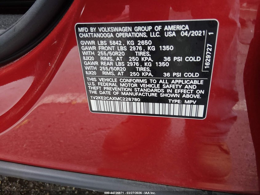 2021 Volkswagen Atlas Cross Sport 3.6L V6 Se W/Technology VIN: 1V2KE2CAXMC228780 Lot: 44726971