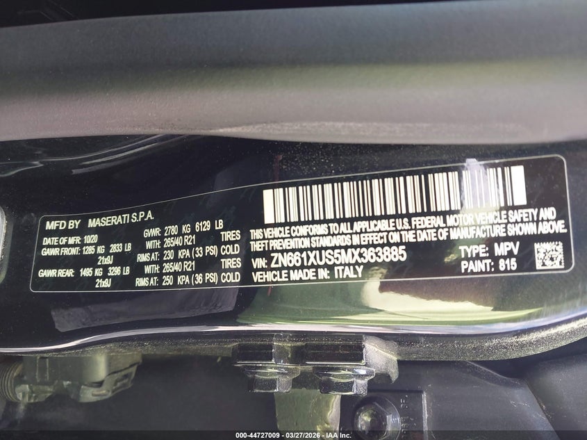 2021 Maserati Levante Gransport VIN: ZN661XUS5MX363885 Lot: 44727009