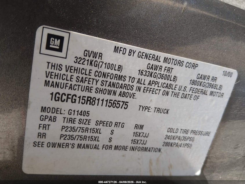 2001 Chevrolet Express VIN: 1GCFG15R811156575 Lot: 44727126