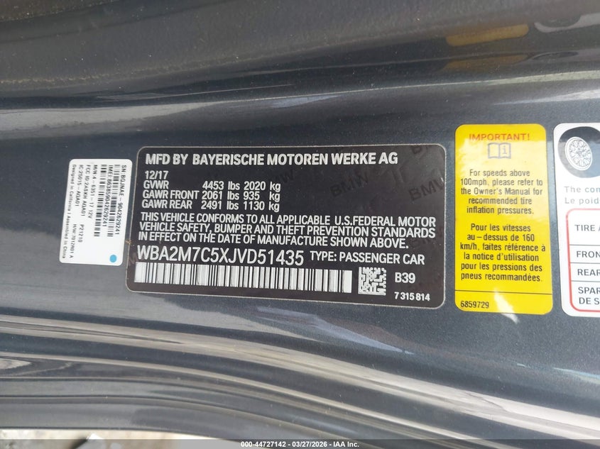 2018 BMW 230I VIN: WBA2M7C5XJVD51435 Lot: 44727142