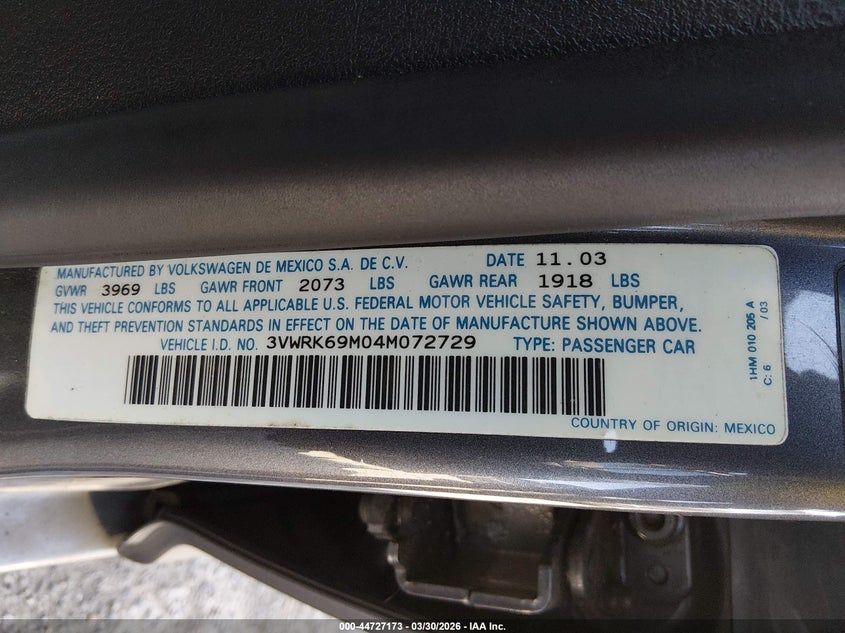 2004 Volkswagen Jetta Gl VIN: 3VWRK69M04M072729 Lot: 44727173