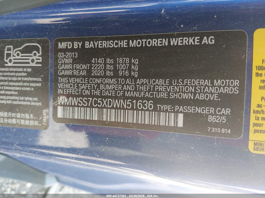 2013 Mini Paceman Cooper S VIN: WMWSS7C5XDWN51636 Lot: 44727361