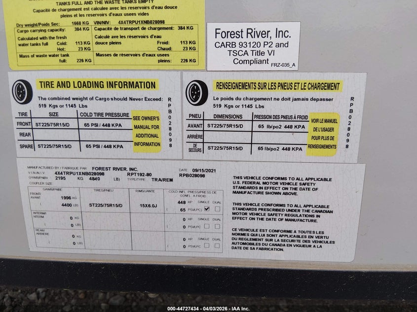2022 FOREST RIVER RPOD 192 (VIN: 4X4TRPU1XNB028098