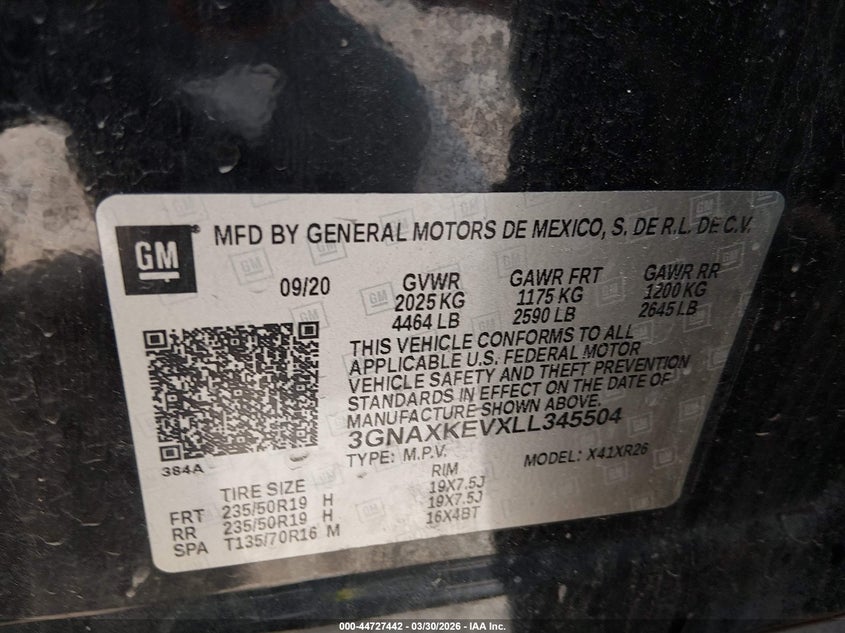 VIN 3GNAXKEVXLL345504 2020 CHEVROLET EQUINOX FWD LT 1.5L TURBO