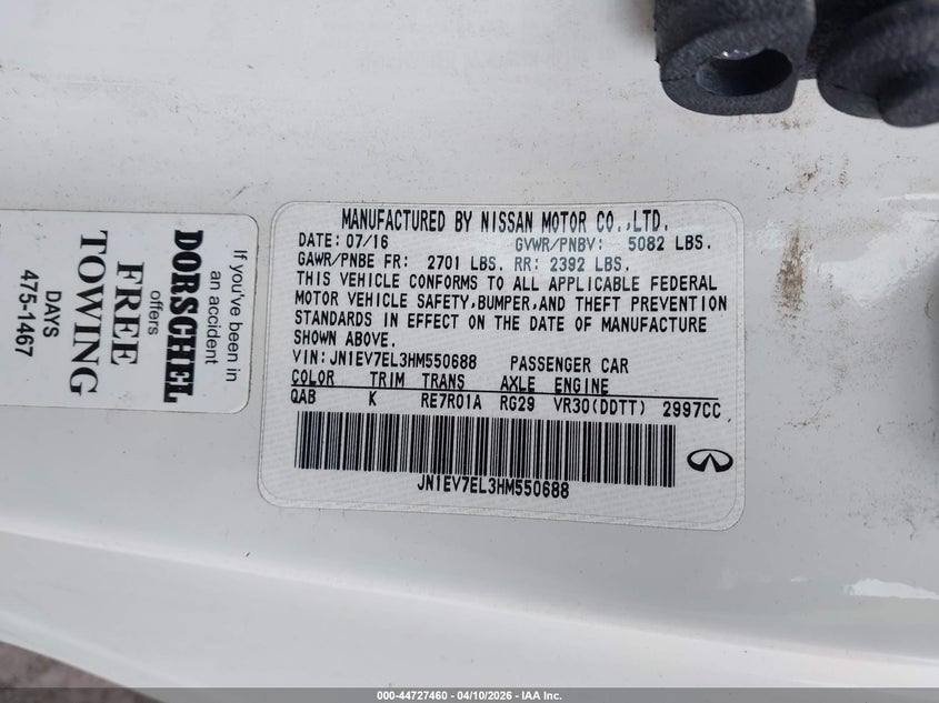 2017 Infiniti Q60 3.0T Premium VIN: JN1EV7EL3HM550688 Lot: 44727460