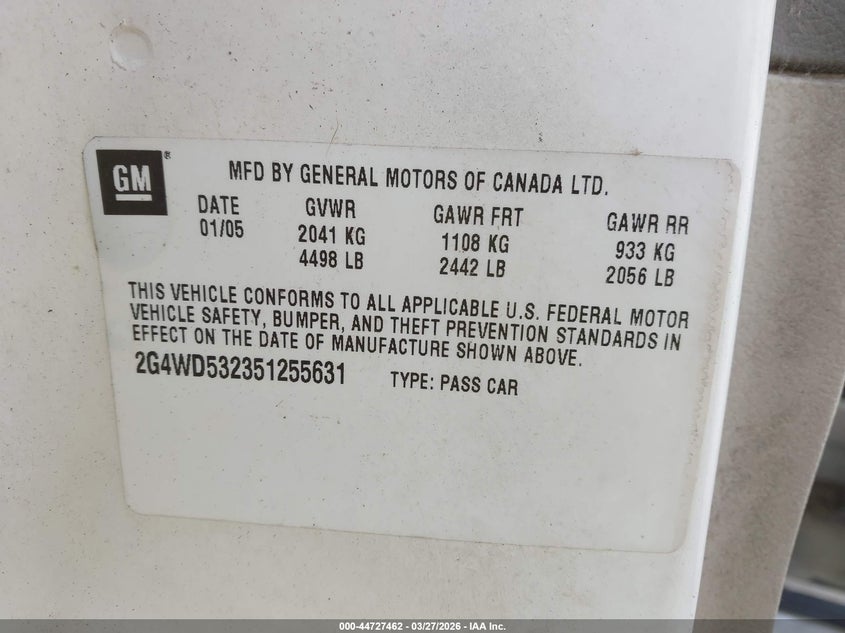 2005 Buick Lacrosse Cxl VIN: 2G4WD532351255631 Lot: 44727462