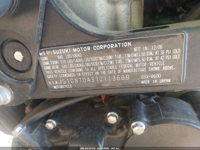 2007 Suzuki Gsx-R600 VIN: JS1GN7DA372113669 Lot: 44727475