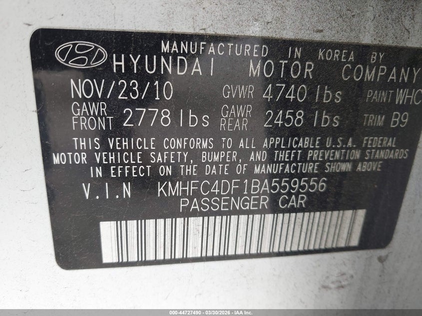 2011 Hyundai Azera Limited VIN: KMHFC4DF1BA559556 Lot: 44727490