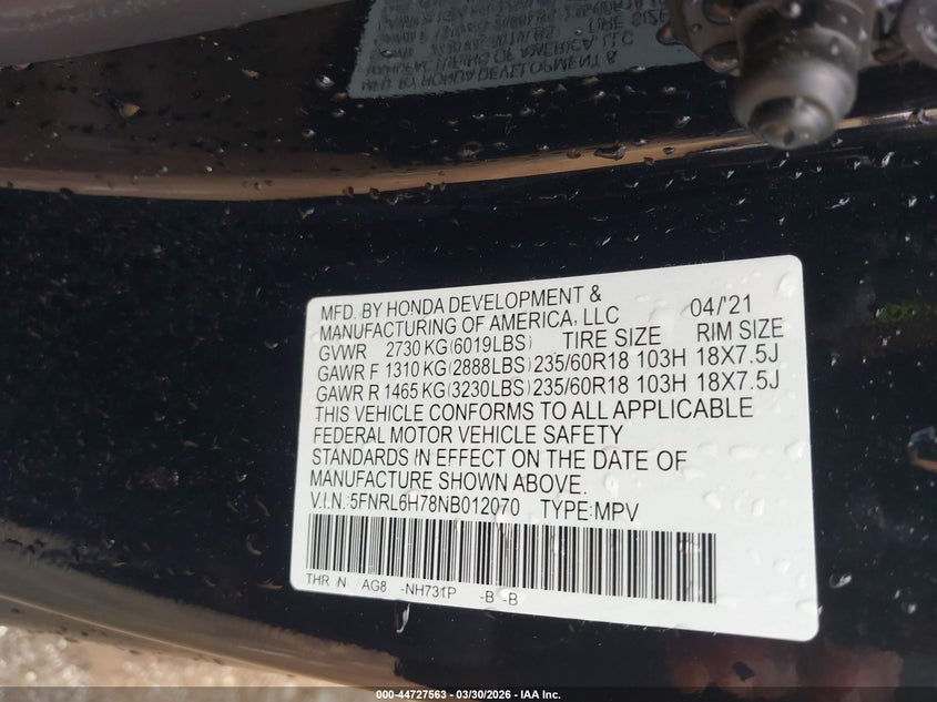 2022 Honda Odyssey Ex-L VIN: 5FNRL6H78NB012070 Lot: 44727563